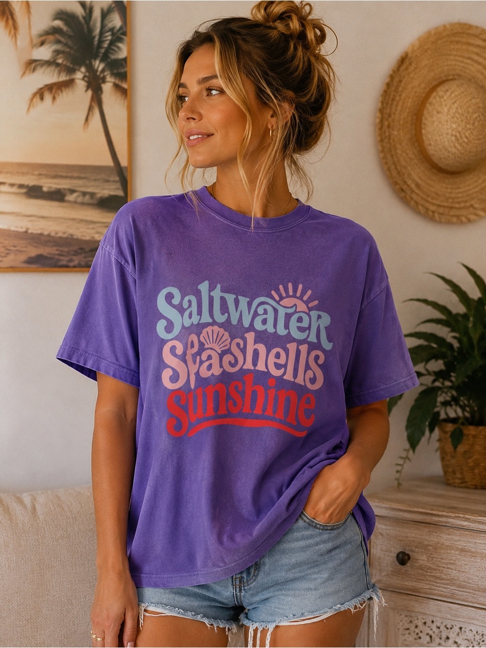 Women’s Purple 'Saltwater Seashells Sunshine' Graphic Tee NEW S M L